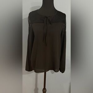 Women’s Brown Lace-Yoke Long Sleeve Tie-Neck Top
